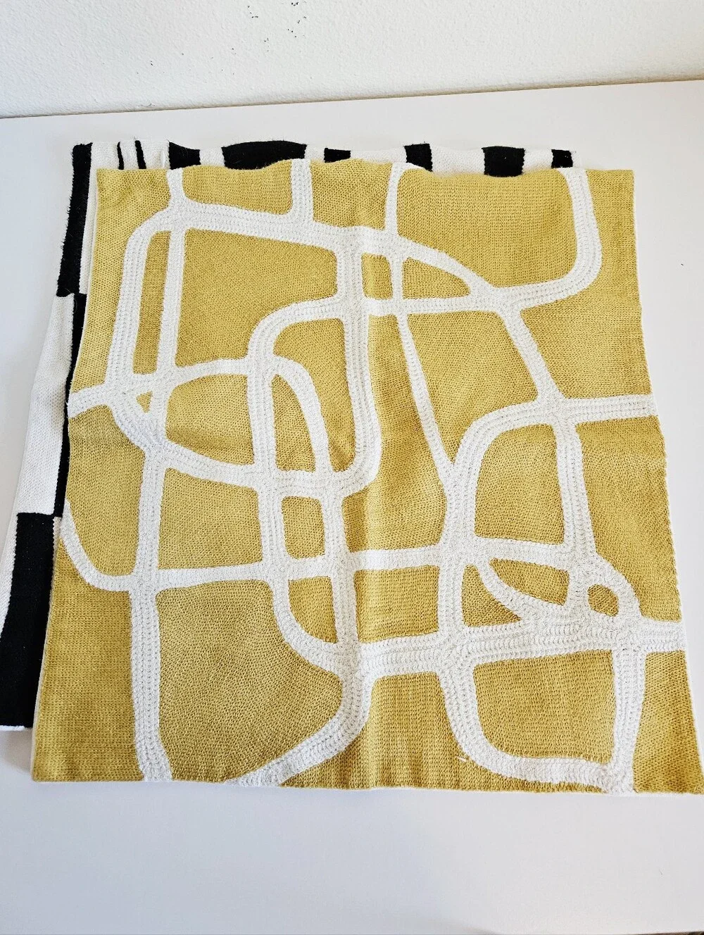Black & White Geometric Throw Pillow Covers Set with Mustard Accent